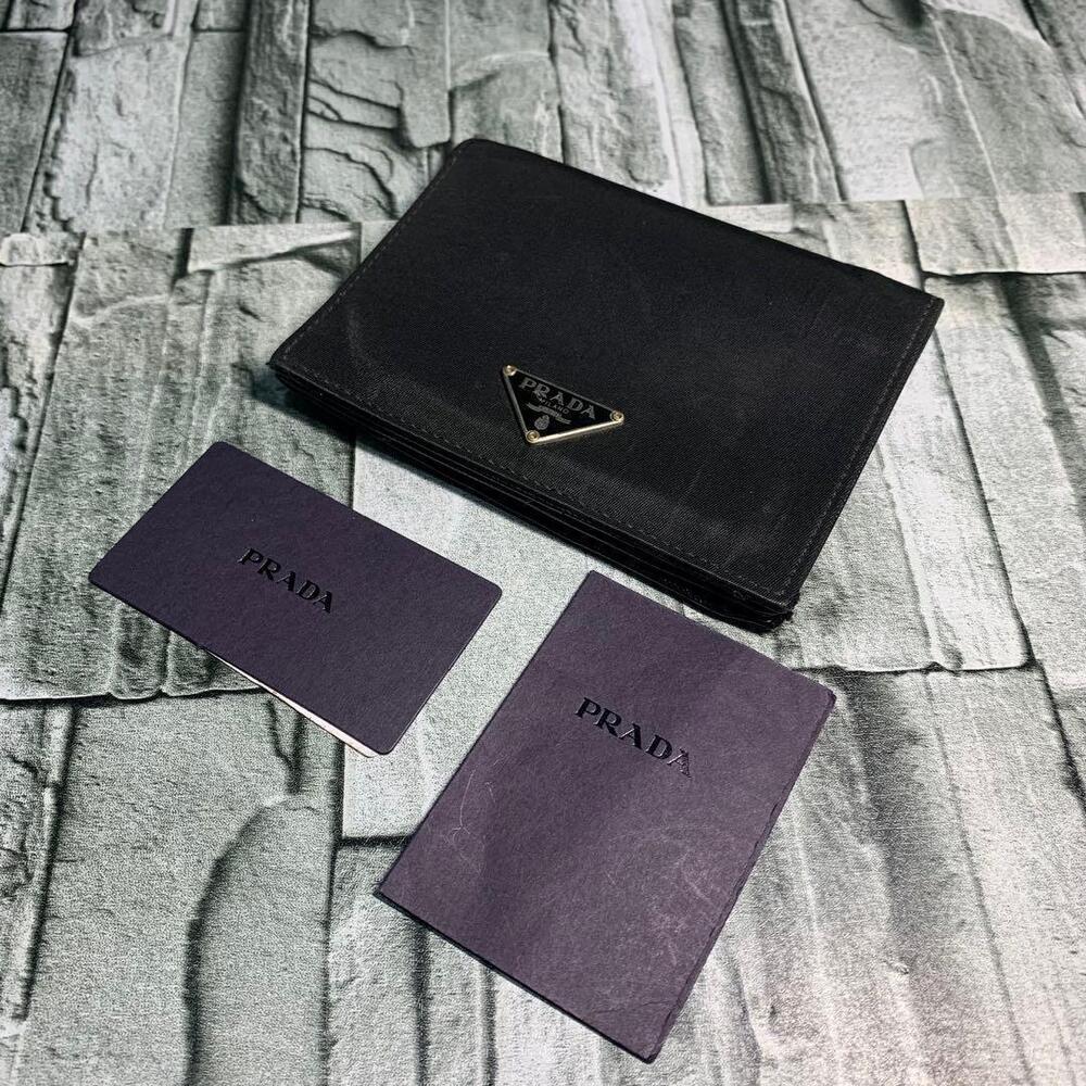 PRADA bi fold wallet leather silver triangle black